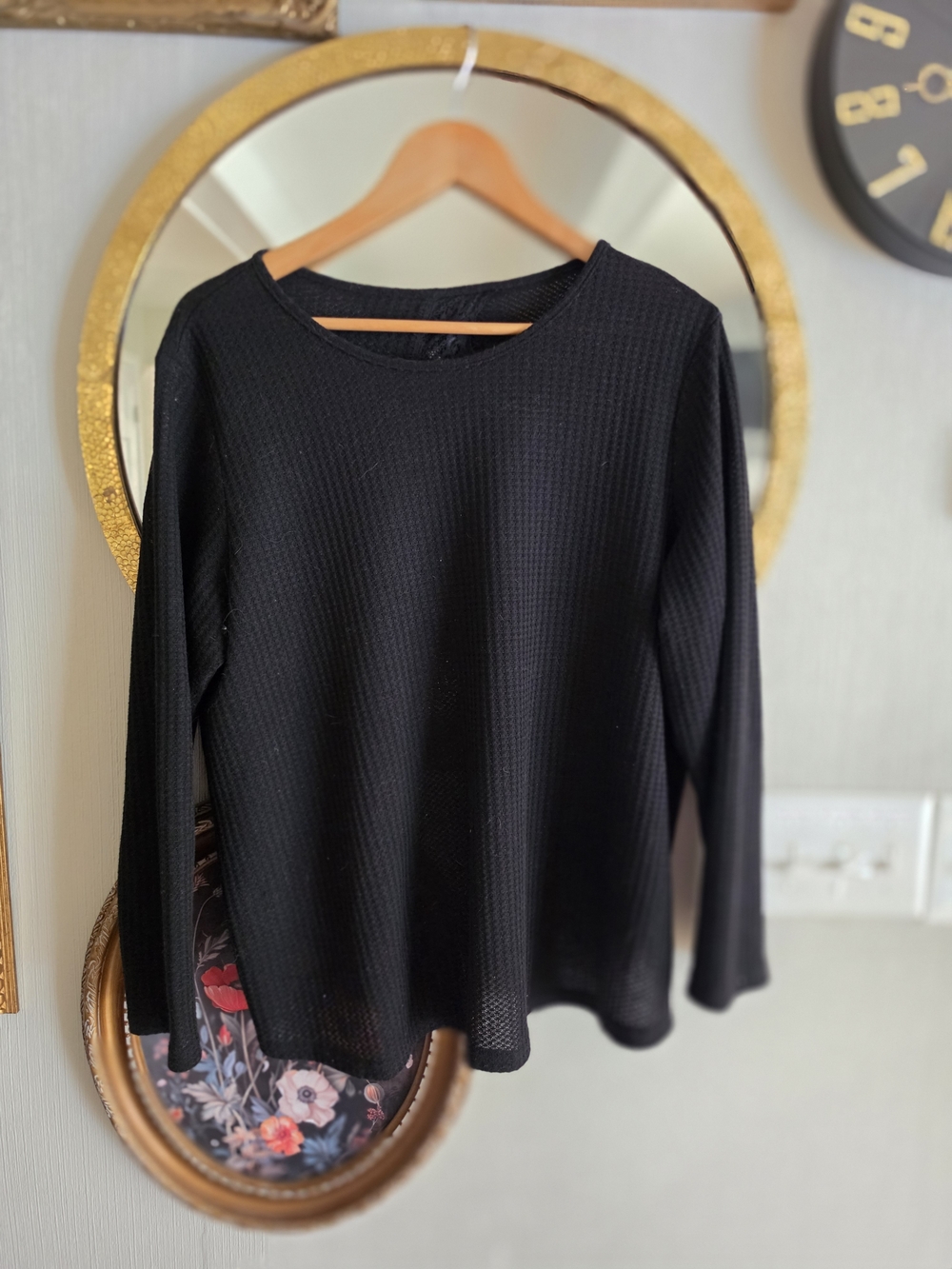SHEIN‎ 1X Black Waffle Knit Long Sleeve Top Split Open Back